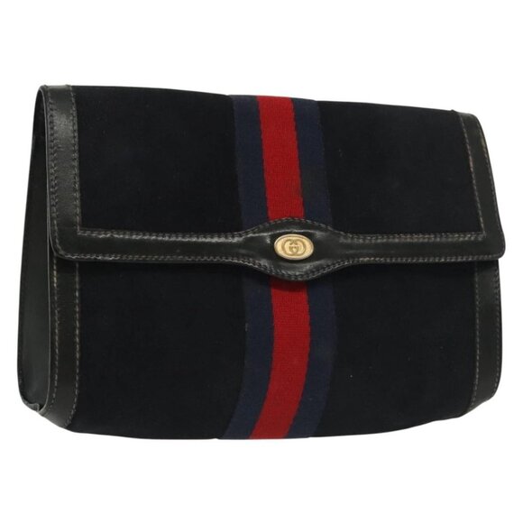 GUCCI Sherry Line Clutch Bag Suede Navy Red gold Auth 137579 - Picture 1 of 16